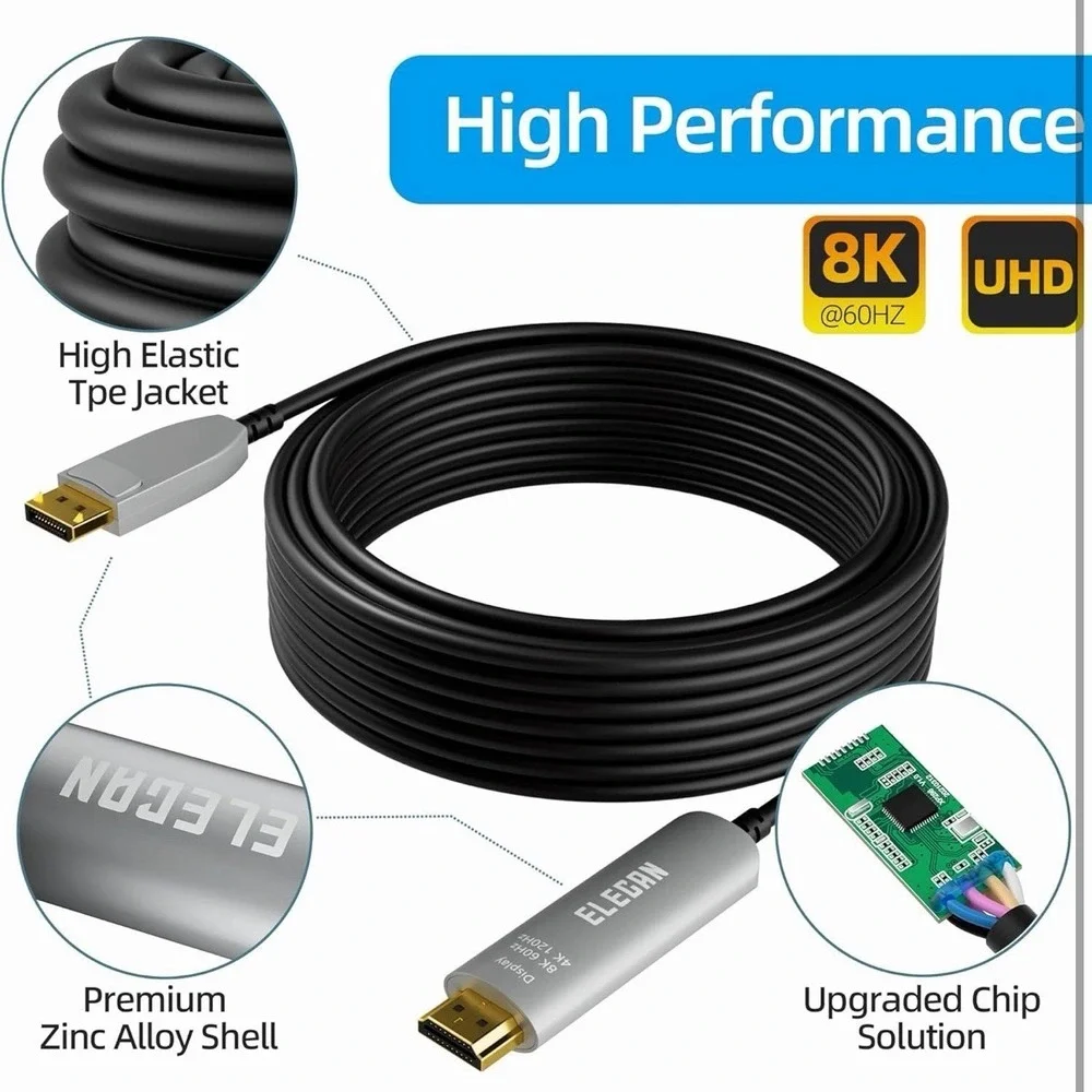 8K Fiber Optic Displayport to HDMI Cable 25 Ft, 8K@60Hz 4K@120Hz, Zinc Alloy ...
